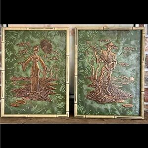 Hammered copper vintage bamboo frame wall art, set of two, Asian art